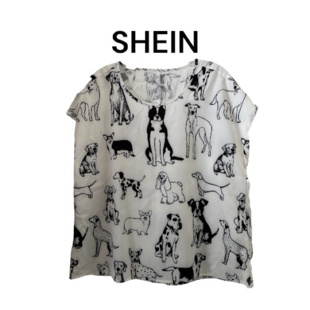 SHEIN White Blouse with Black Dog Sketch Print